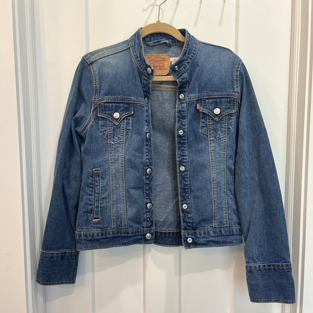 Levi's Easy Rider Denim Jean Jacket Y2K Collarless Sz Small‎ Miss Button Close
